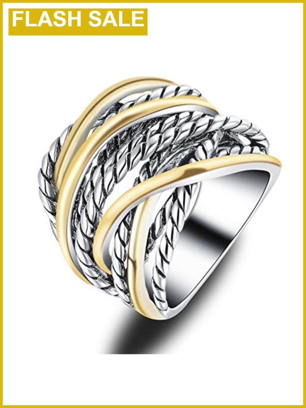 Wide Band Twisted Rope Ring Gold Plated Copper Two-Tone Mixed Metal Statement